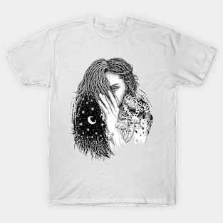 Woman Portrait, Night Sky and Frogs, Mushrooms, Stars T-Shirt